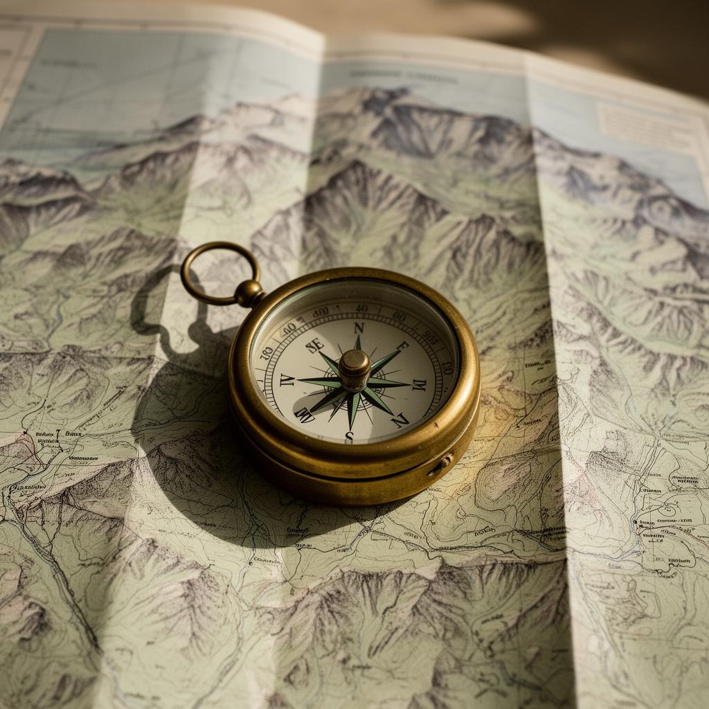 A vintage brass compass resting on an unfolded topographic map, symbolizing a personalized path forward