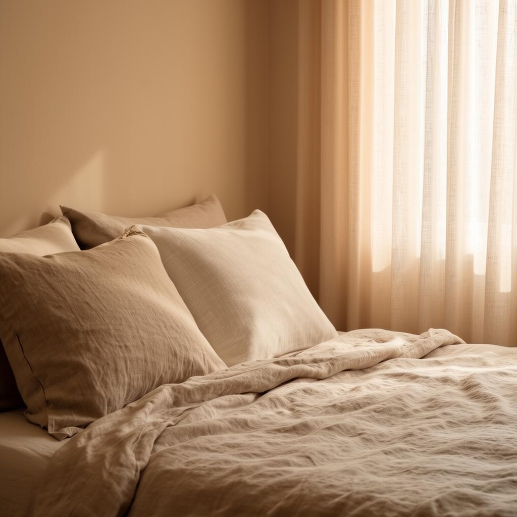 A calm bedroom with linen pillows in soft morning light