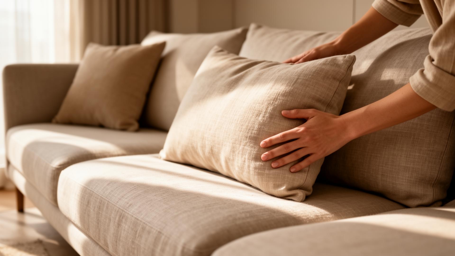 A pair of hands gently adjusting cushions on a linen sofa in soft natural light