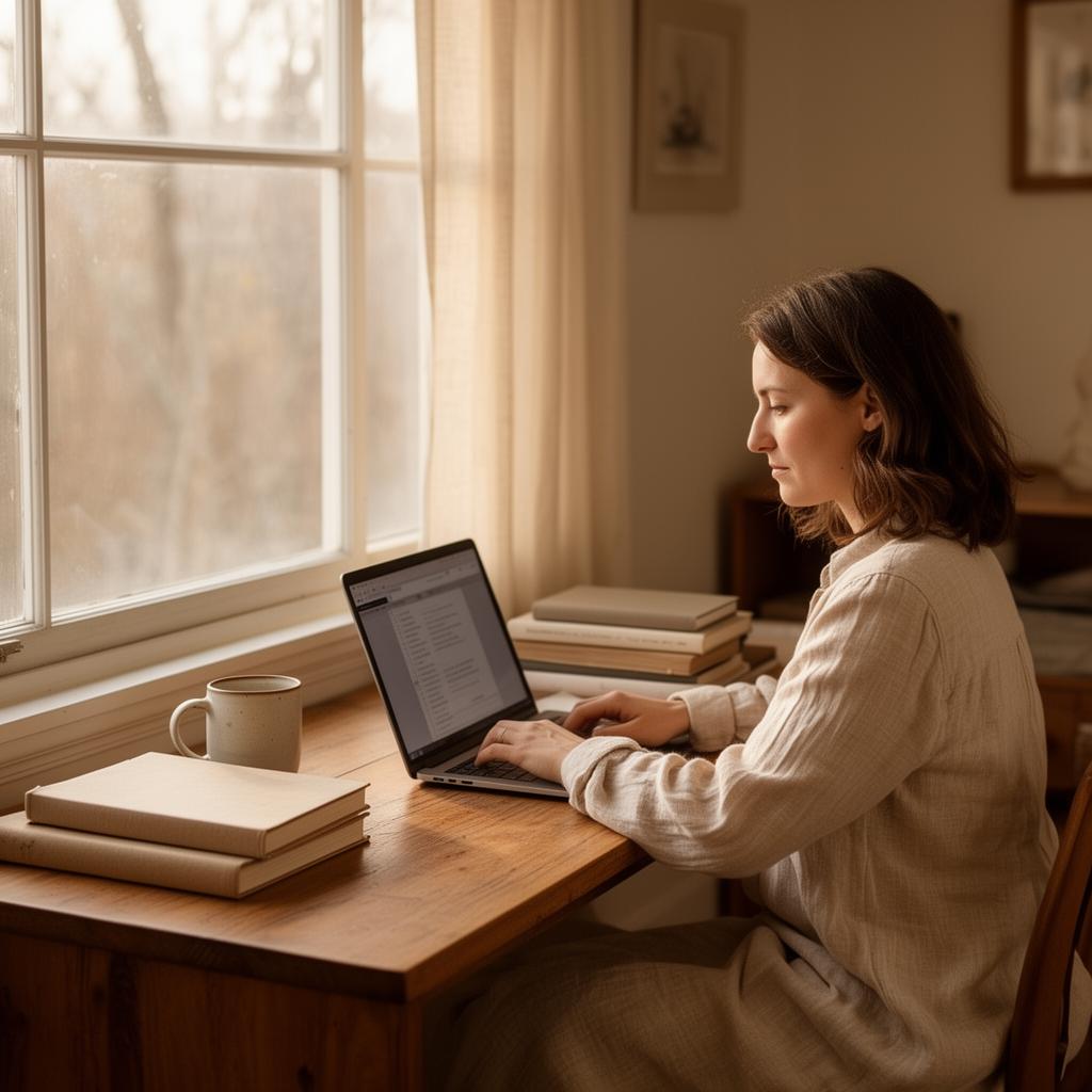 A person working at a sunlit wooden desk
